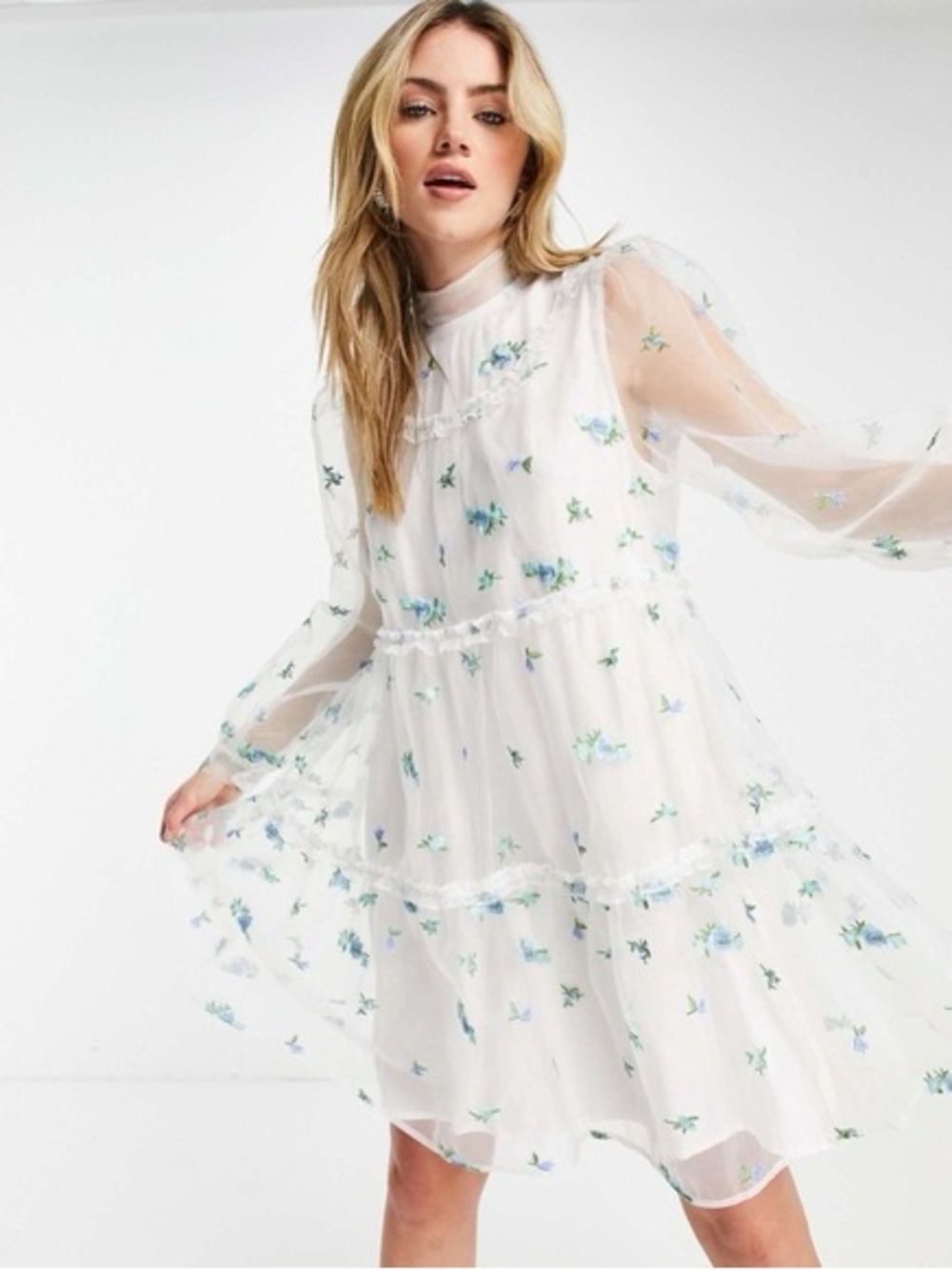 Sister Jane Tulle White Dress with Blue Flowers
